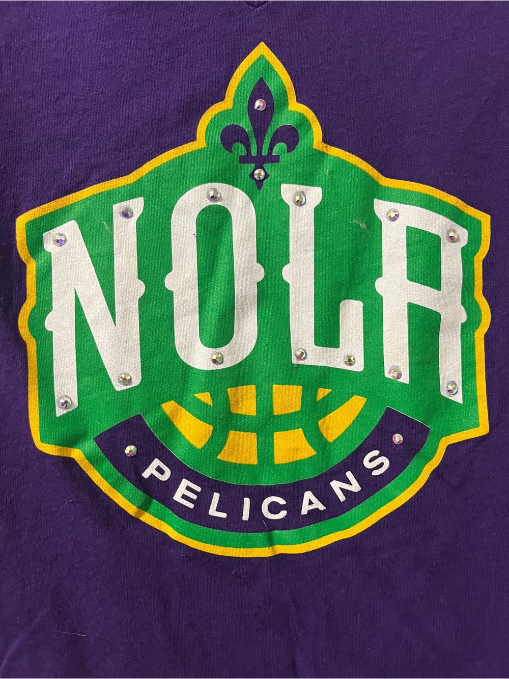 NBA NOLA Pelicans Women's Purple V-Neck Mardi Gras Edition Custom Rhinestone Tee - Picture 2 of 3